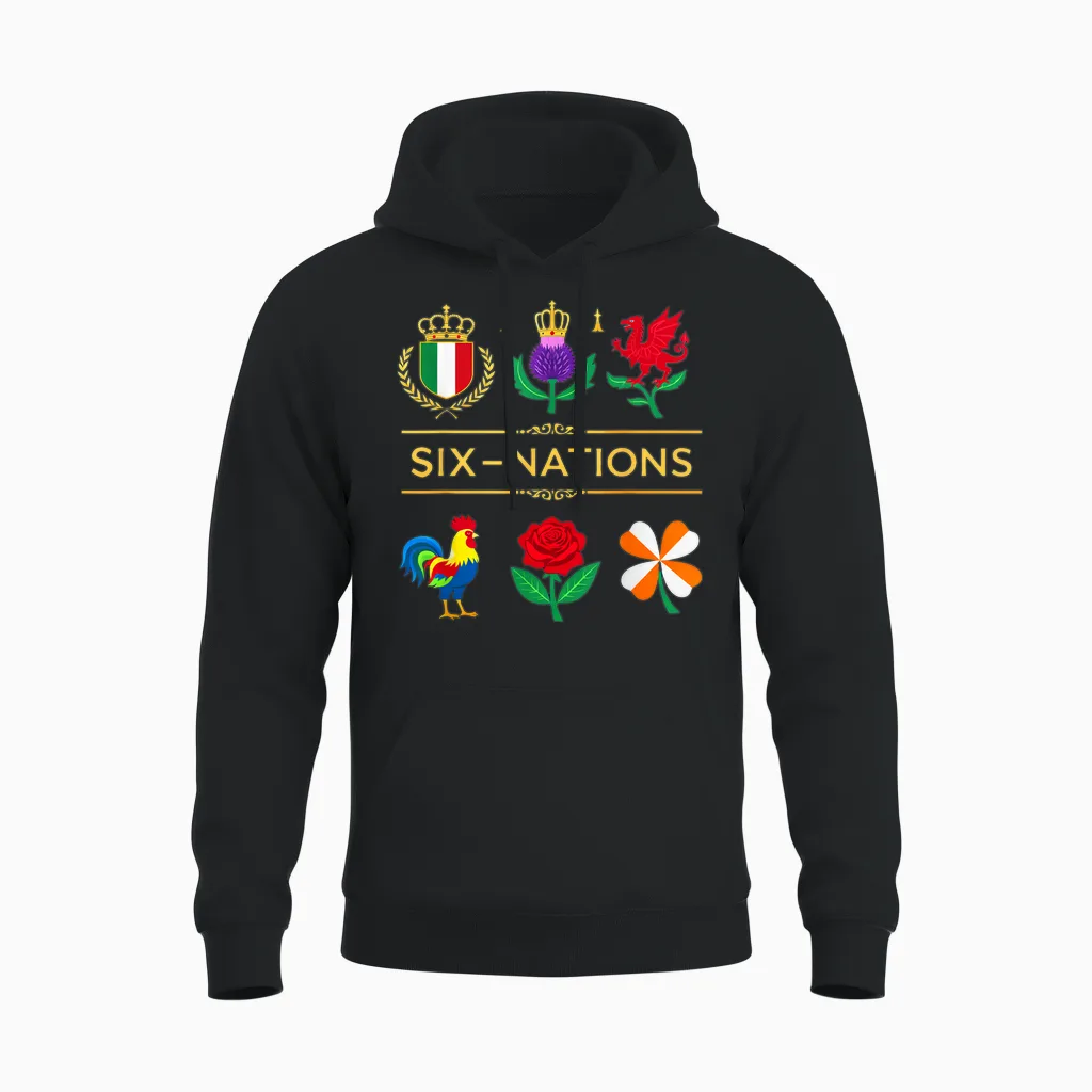 6 Nations Rugby Tournament Six Nation's Rugbyman Supporter Fun Unisex Hoodie in Black