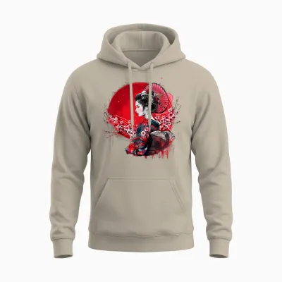 Japanese Kimono Geisha Sakura Cherry Blossom Japanese Art T-Shirt, Black, S Unisex Hoodie - Sand