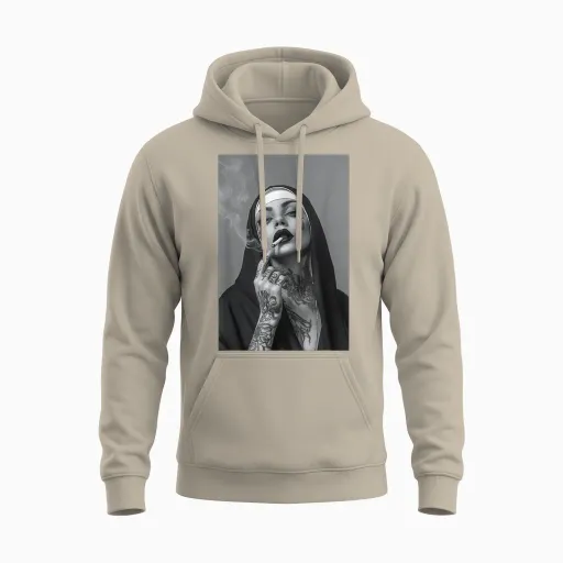 Tattooed Nun Smoking Cigarette Rebbel Christian Jesus Unisex Hoodie in Sand