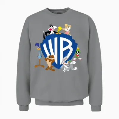 Wb 100: Looney Tunes Wb Shield Logo with Bugs, Taz, Tweety T-Shirt, Gray Unisex Sweatshirt - Sport Grey