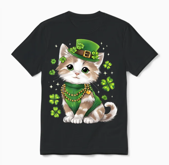 St Patricks Day Cat Leprechaun Hat Shamrock Saint Pattys Day Unisex T-Shirt in Black