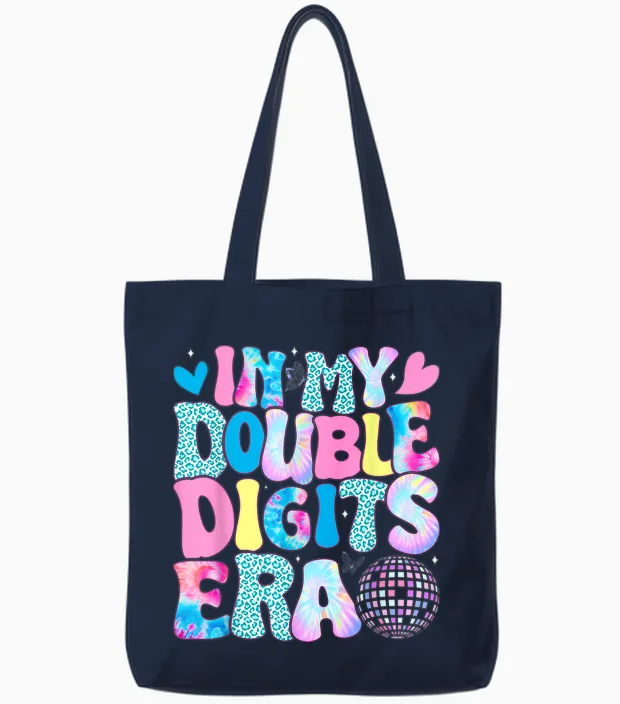 In My Double Digits Era Retro 10 Year Old 10th Birthday Girl Tote Bags in Navy