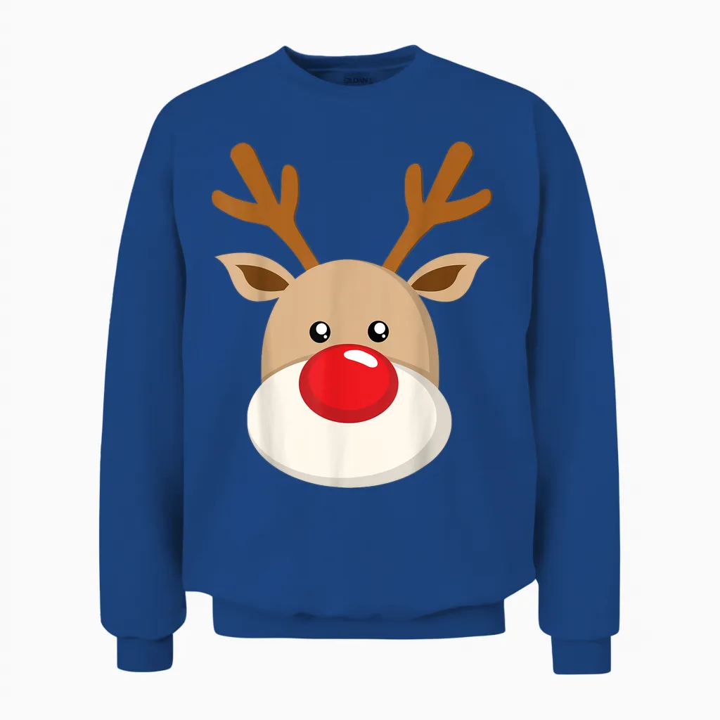 Cute Reindeer Rudolph Red Nose Christmas Antlers Unisex Sweatshirt in Royal