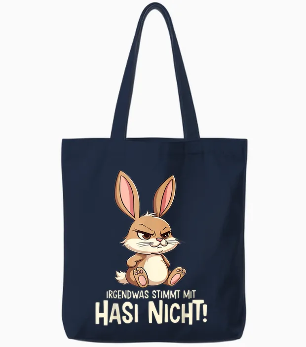 T-Shirt with "irgendwas Stimmt Mit Hasi Nicht Kaninchen Hase Böses Hasi", Black, S Tote Bags in Navy