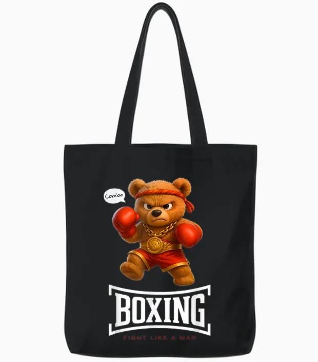 Cool Teddy Bear Man Boxing Fight Style Illustration Graphic Tote Bags in Black