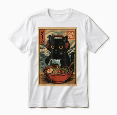 Cute Kawaii Gamer Cat Funny Ramen Retro Japanese Cat Gaming Unisex T-Shirt - White