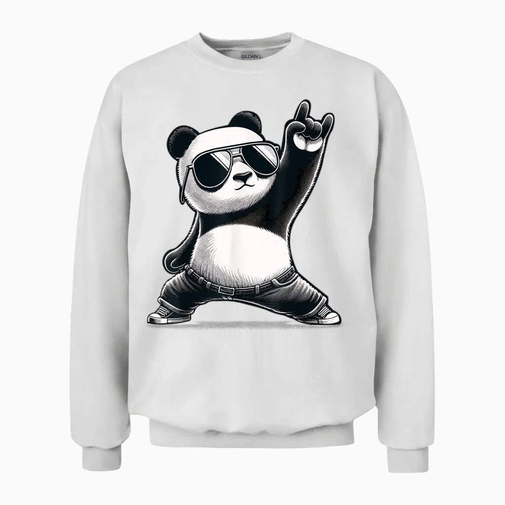 Panda Retro Rock Music Gifts Men Kids Women Panda Funny Unisex Sweatshirt in White