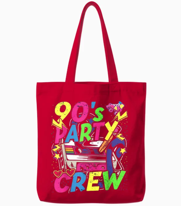 90s Outfit Party Crew Theme Party Costume Women's Men's T-Shirt, Black Tote Bags in Red