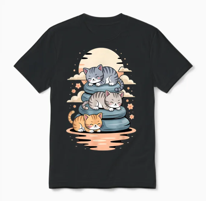 Japan Katzen Schlafen Anime Katze Kätzchen Kawaii Unisex T-Shirt in Black