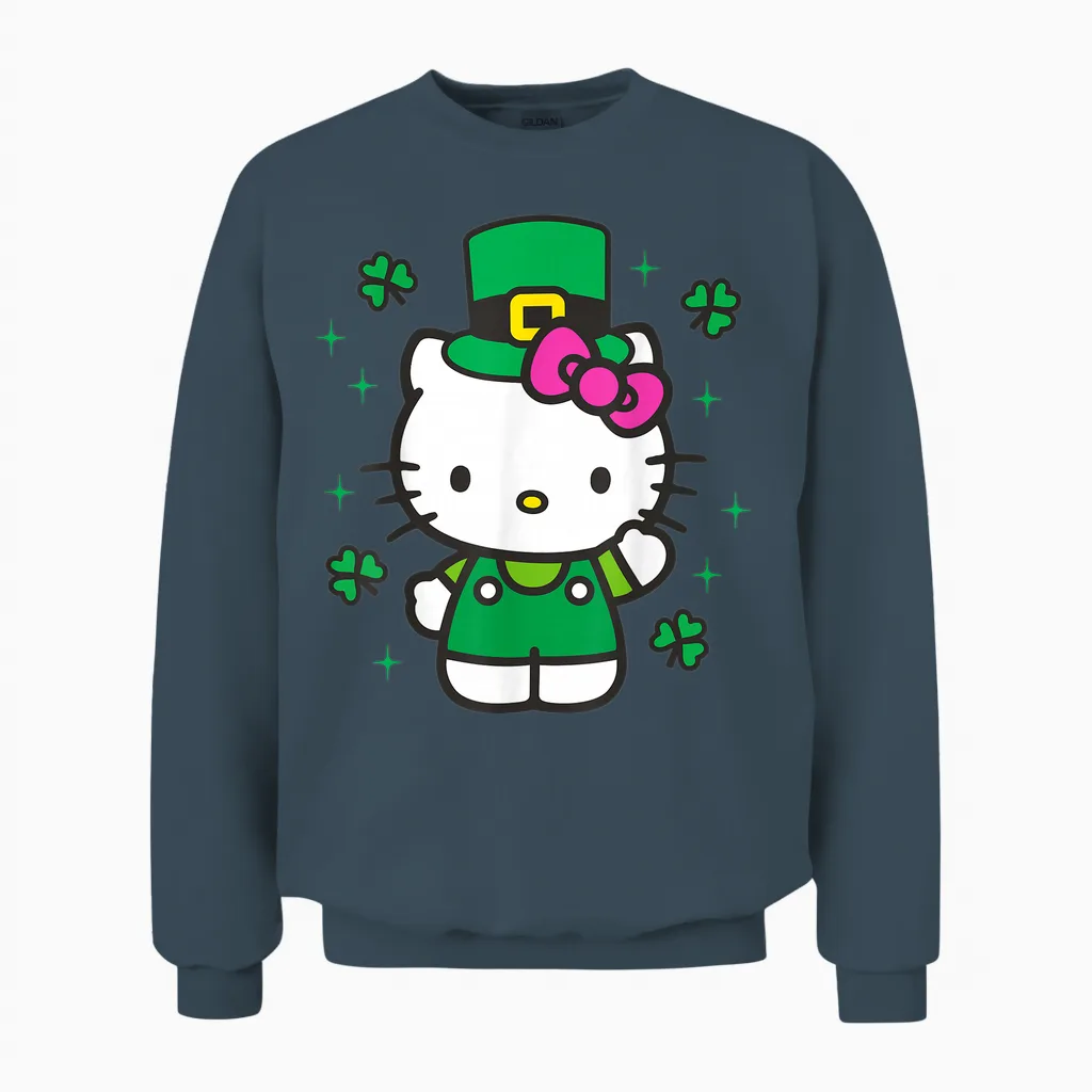 Hello Kitty St. Patrick's Day Adorable Leprechanun Suit Unisex Sweatshirt in Dark Heather