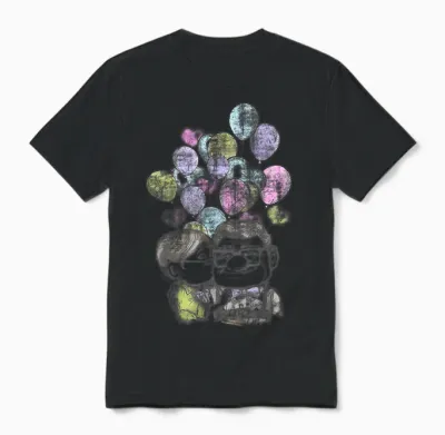 Portrait of Carl and Ellie with Heart Balloons Disney Pixar Up T-Shirt, White, S Unisex T-Shirt - Black