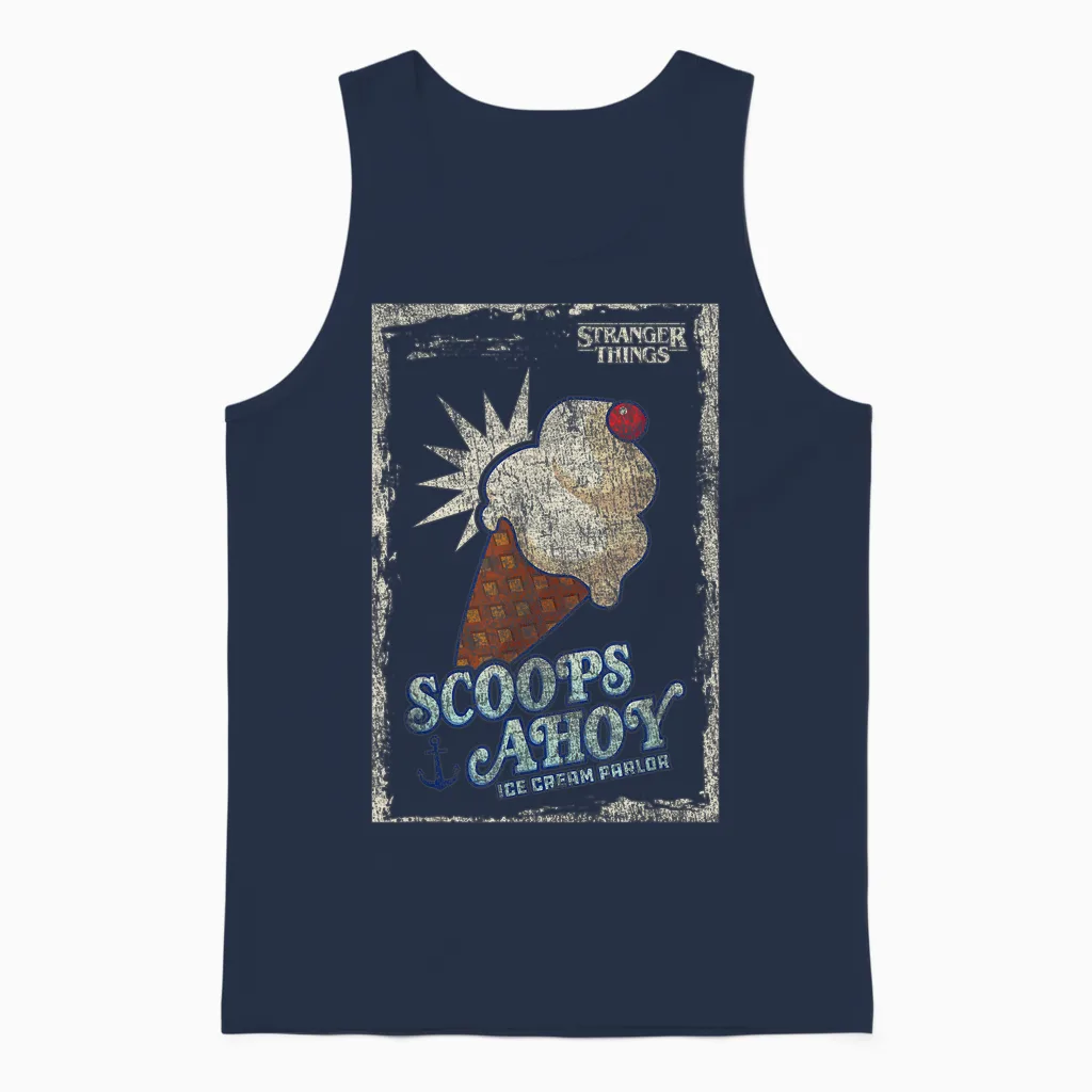 Stranger Things Scoops Ahoy Ice Cream Cone Vintage Unisex Tank Top in Navy