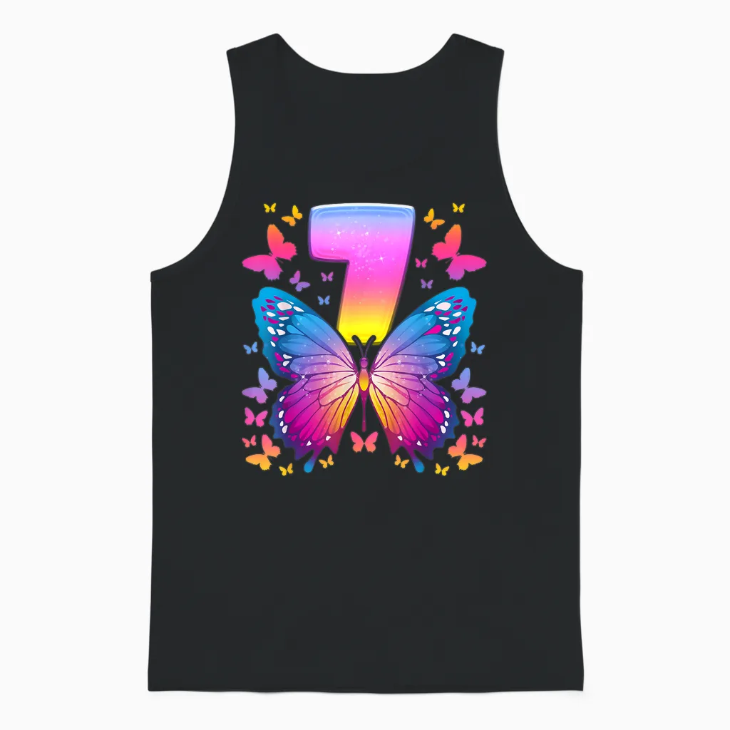 7th Birthday Girl 7 Years Butterfly Number 7 T-Shirt, Black Unisex Tank Top in Black