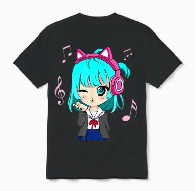 Anime and Music Girl for Teen Chibi Graphic Anime Girl T-Shirt Small Unisex T-Shirt - Black