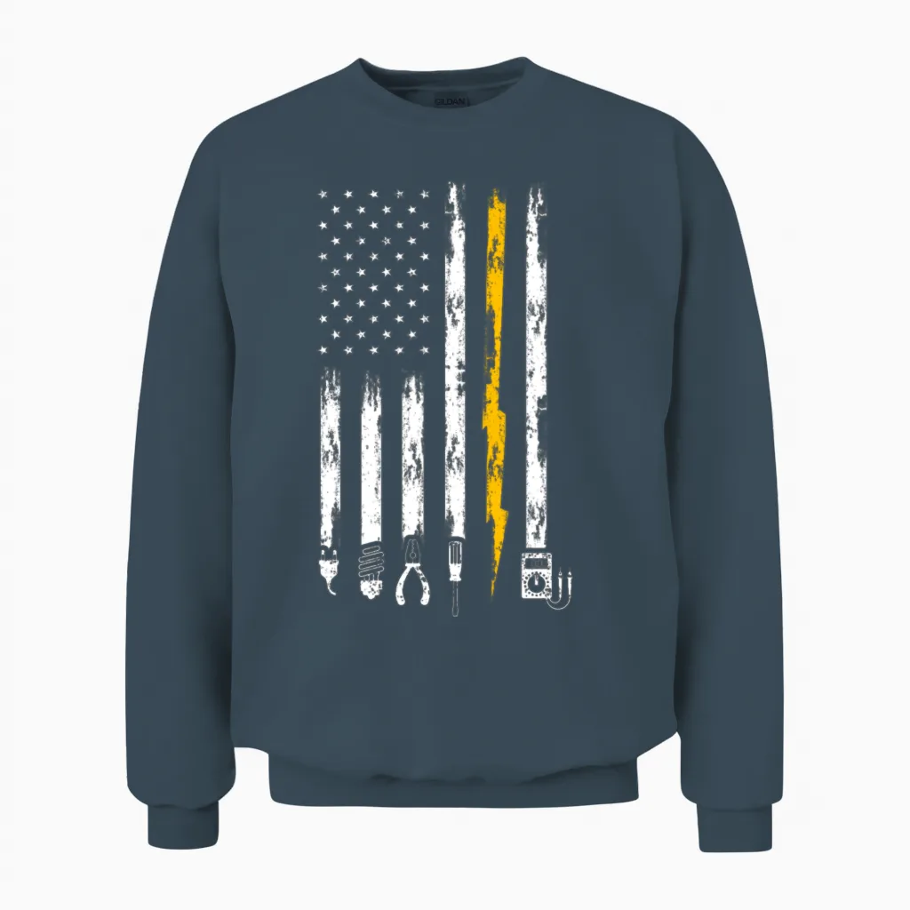 Electrician Us Flag Tools for Electricians Gift Unisex Sweatshirt in Dark Heather