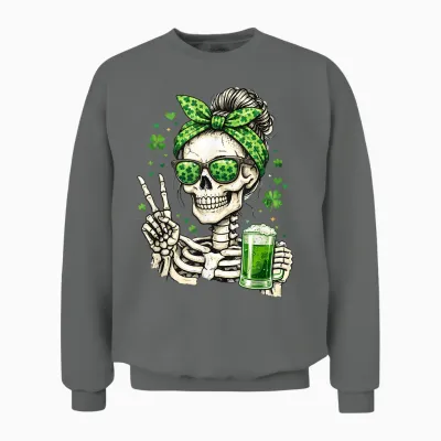 Skull Sunglass Messy Bun Irish Funny St Patrick's Day Women Unisex Sweatshirt - Graphite Heather