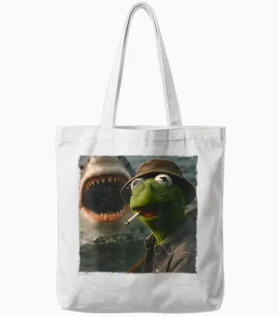 Funny Smoking Frog Meme Vintage Shark Attack Parody Tote Bags - White