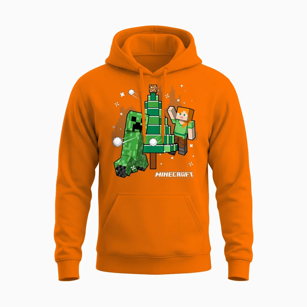 Minecraft Christmas Tree Snowball Fight with Alex Unisex Hoodie in Safety Orange