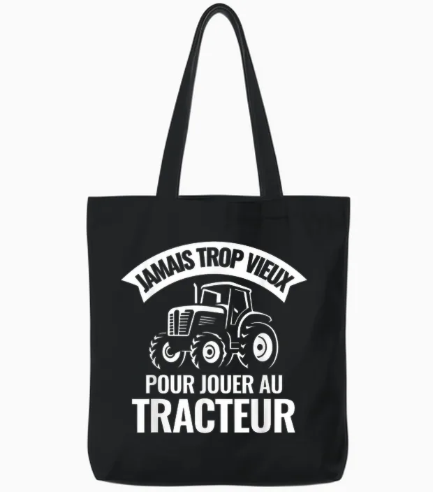 Never Too Old to Play Tractor Farmer Tote Bags in Black