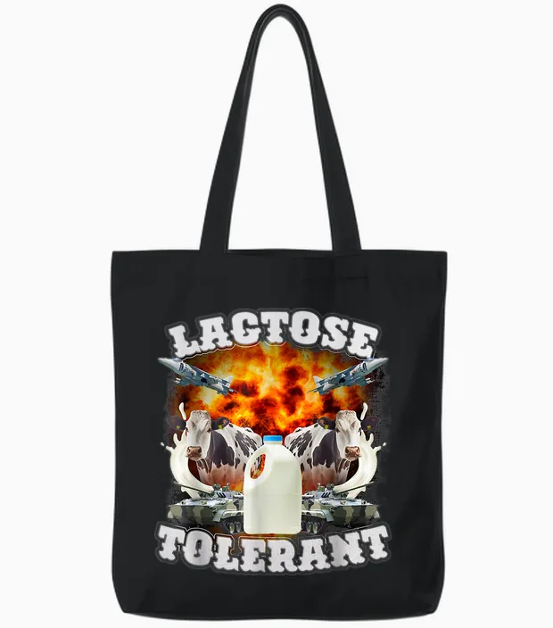 Lactose Tolerant Meme Funny Strange Specific Thanks Meme T-Shirt, Black Tote Bags in Black