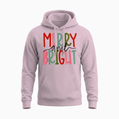 Merry and Bright Christmas Women Girls Kids Toddlers Cute Unisex Hoodie - Light Pink