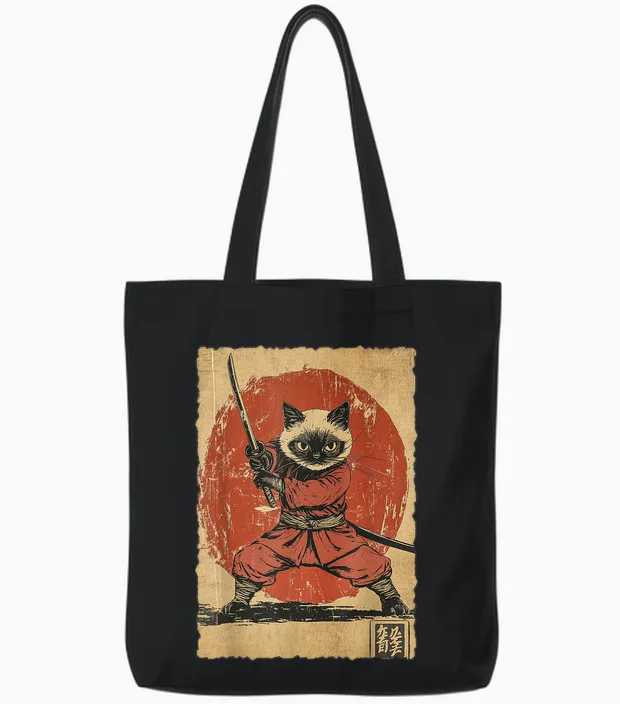 Japanese Art Vintage Funny Siamese Cat Ninja Warrior Samurai Tote Bags in Black