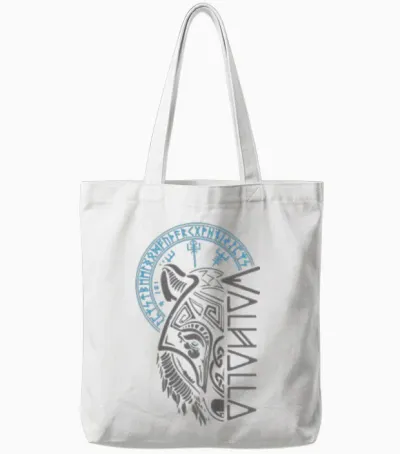 Walhalla Wolf Mask Odin Runes Nordic Compass Viking T-Shirt, Black Tote Bags - White