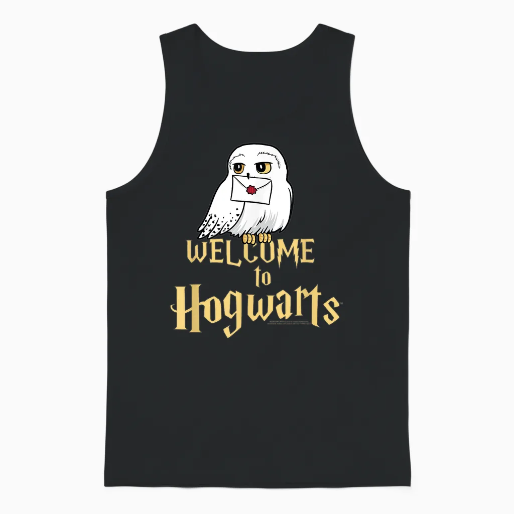 Harry Potter Hedwig Welcome to Hogwarts T-Shirt, Black Unisex Tank Top in Black