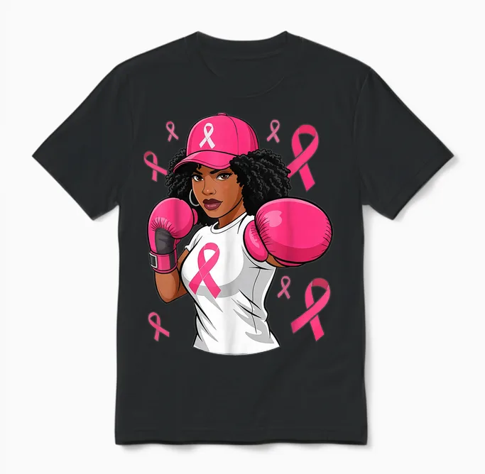 Women Black African American Breast Cancer Afro Pink Ribbon Unisex T-Shirt in Black