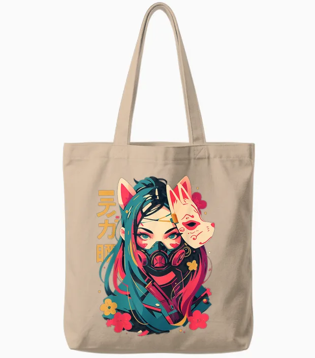 Anime Manga Cyberpunk Aesthetic Techwear Harajuku Kitsune T-Shirt, Black Tote Bags in Natural