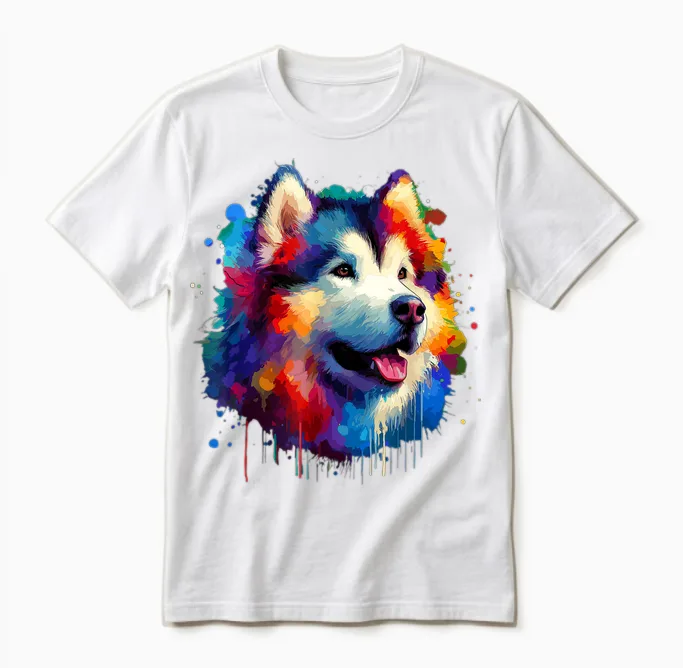 Colorful Splash Art Alaskan Malamute Unisex T-Shirt in White