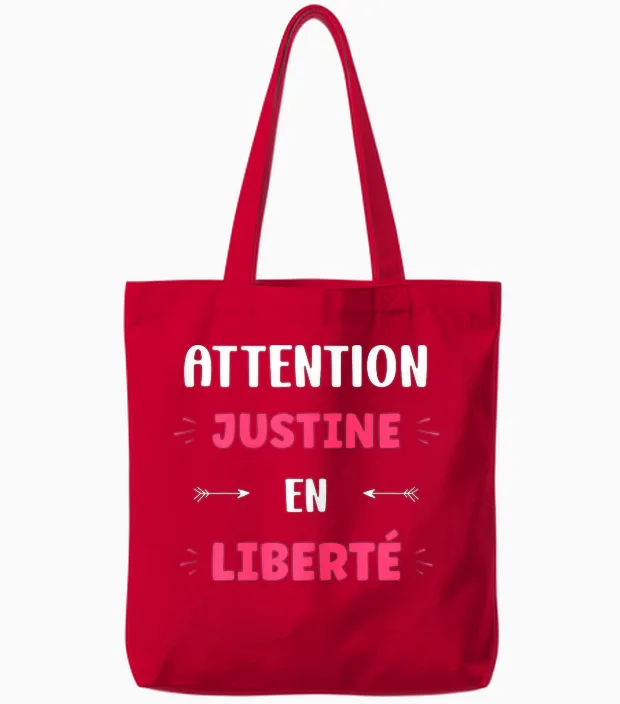 Attention Justine in Freedom Name Quote Funny Justine T-Shirt, Black, Female X-Small Tote Bags in Red