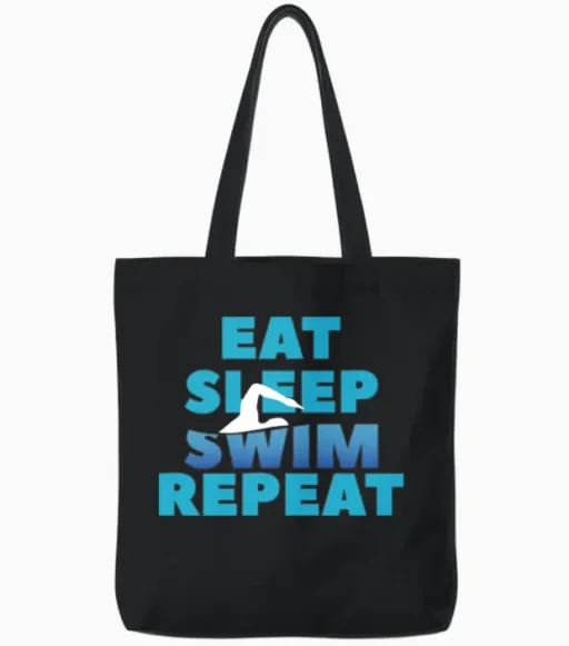 Eat Sleep Swim Repeat, Funny Swimmer Gift Tote Bags in Black