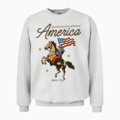 Western America Cowboy Waving American Flag Retro Unisex Sweatshirt - White