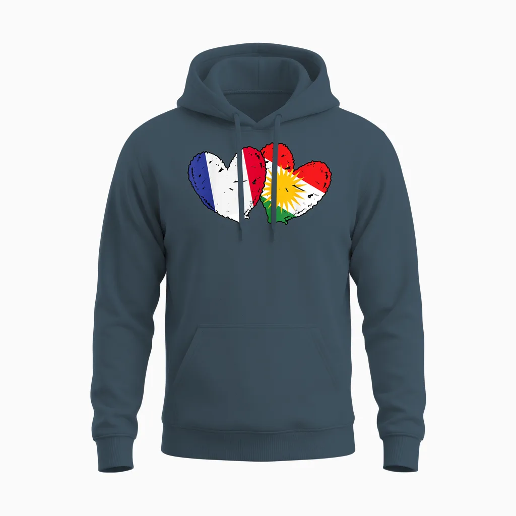 Flag France Kurdistan Heart Pride French Kurdish Unisex Hoodie in Dark Heather