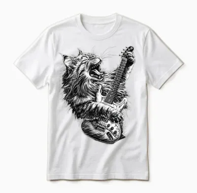 Music Cat Jamming with a Passion for Guitar and Rock T-Shirt, Black, S Unisex T-Shirt - White