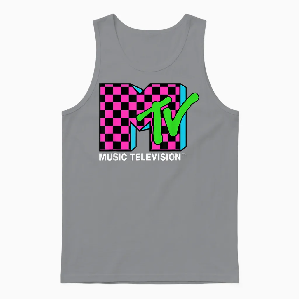 Classic Mtv Logo Pink and Blue Check Unisex Tank Top in Sport Grey