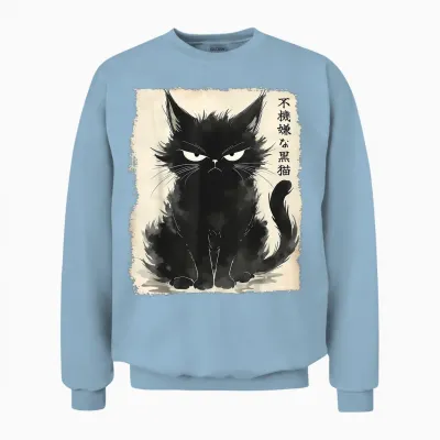 Grumpy Black Cat Neko Vintage Japanische Kunst Anime Kawaii Unisex Sweatshirt - Light Blue