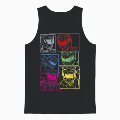 Power Rangers Group Shot Color Silhouette Line Art Panels Unisex Tank Top - Black