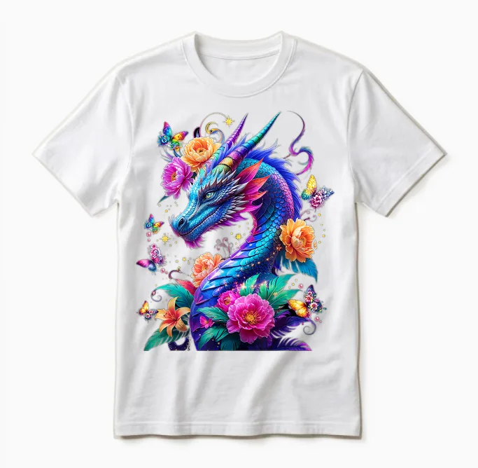Watercolor Dragon Flowers Beautiful Art Colorful Graphic Unisex T-Shirt in White