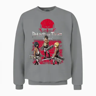 Attack on Titan 3 Main Characters Red Background Anime Unisex Sweatshirt - Sport Grey