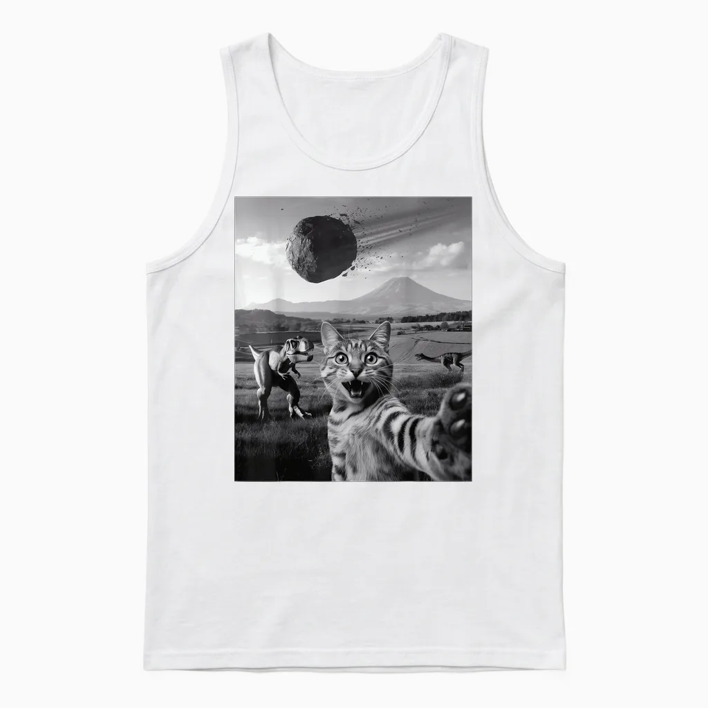 Drôle Chat Selfie Dinosaure Météore Astéroïde Curieux T-Rex Unisex Tank Top in White