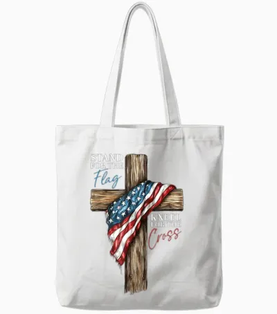 Stand for the Flag Kneel for the Cross Patriotic Faith Tote Bags - White