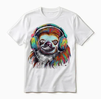 Faultier Kunstwerk Musik Bunte Tier Kopfhörer Faultier Unisex T-Shirt - White