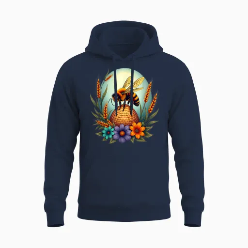 Bee Bee on Beehive with Flowers Floral Nature T-Shirt, Black, S Unisex Hoodie - Navy