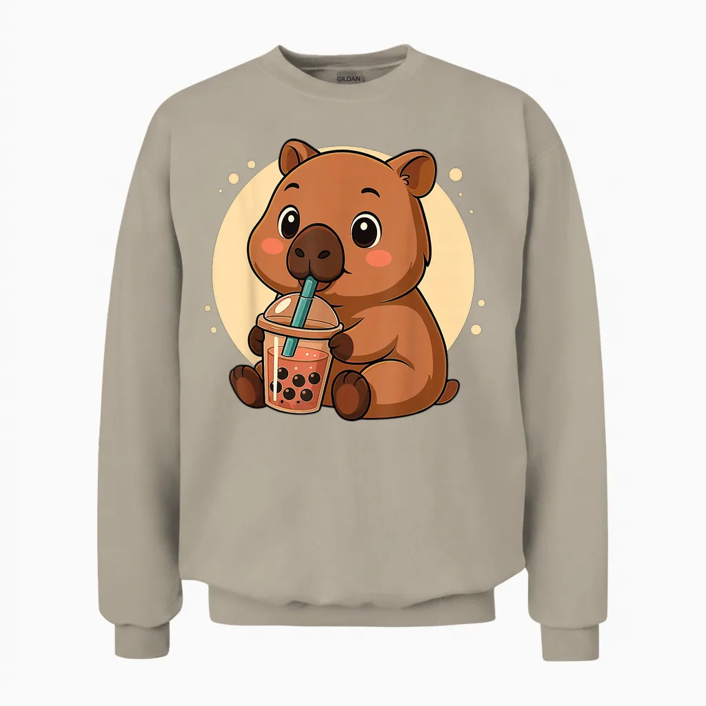Adorable Bubble Tea Capybara Kawaii Anime Girl Unisex Sweatshirt in Sand