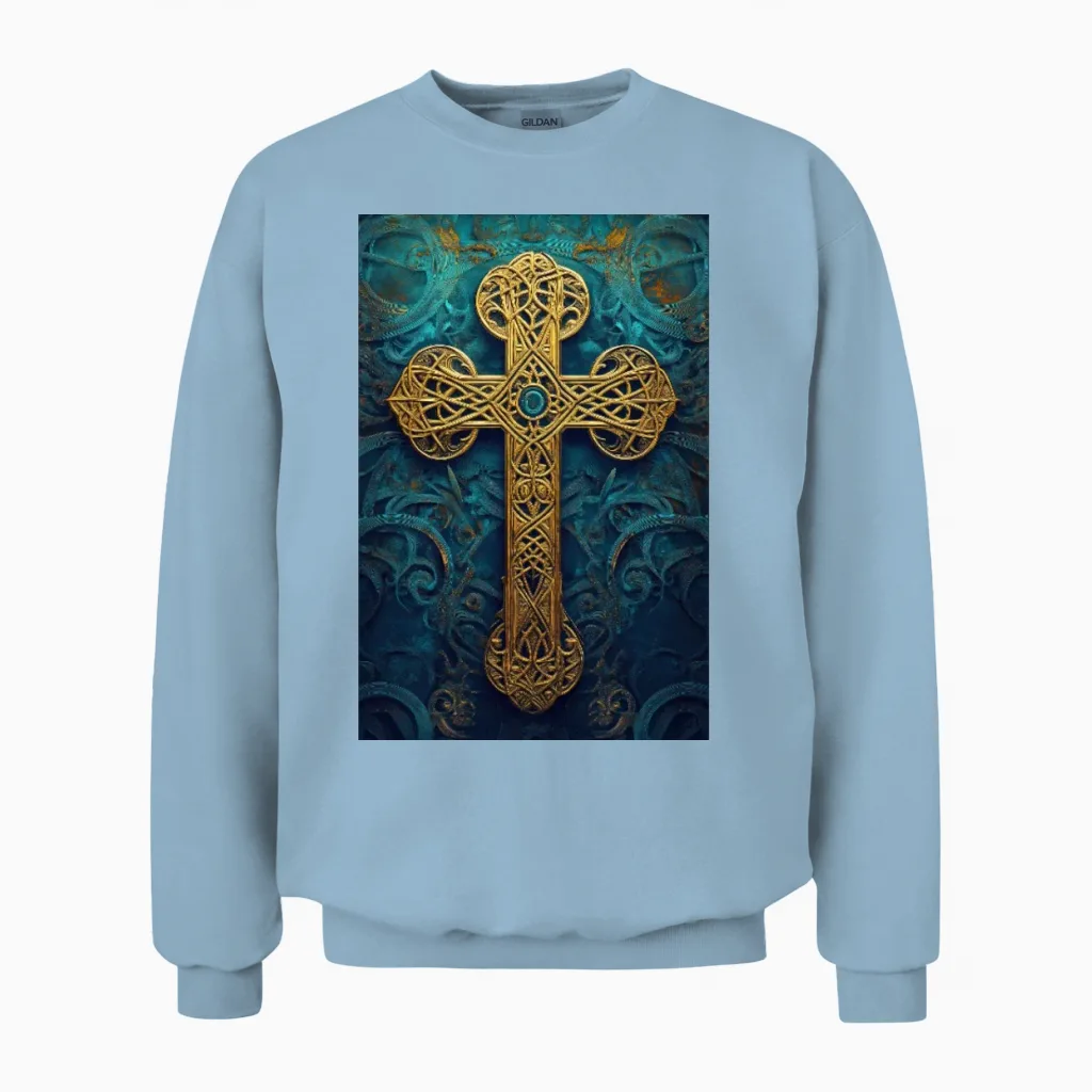 Ornate Golden Celtic Cross Unisex Sweatshirt in Light Blue