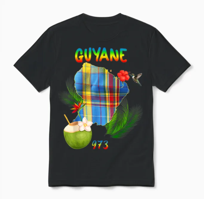 Beautiful French Guiana 973 Madras Hibiscus Hummingbird Coconut Unisex T-Shirt in Black