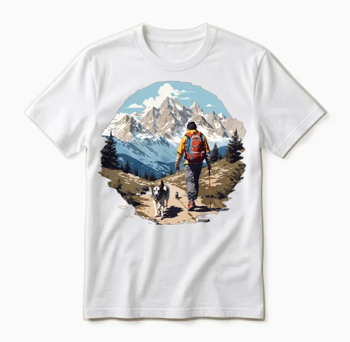 Man Hiking with Dog Lovers Unisex T-Shirt in White