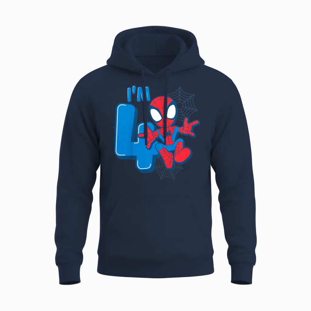 Kids Marvel Spider-Man Cute Spidey 4th Birthday I'm 4 T-Shirt, Black Unisex Hoodie in Navy